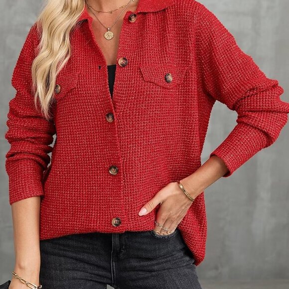 Women 2025 Fall Outfits Waffle Knit Sweater Shacket Jacket Casual Long Sleeve Bu - Picture 2 of 6